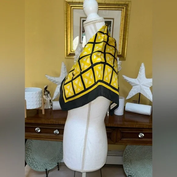 Vtg Givenchy Authentic 100% Silk Bright Yellow & Black Square Print Scarf